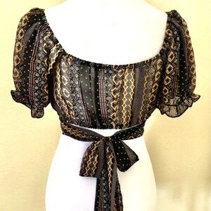 Papaya Black and Gold Patterned Crop Top with Long Sash